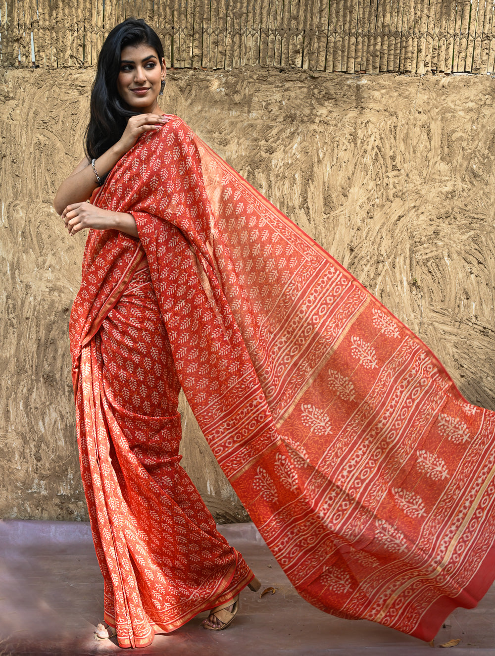 Dabu Vibes : Hand Block Printed Chanderi Saree - Agni Pallav
