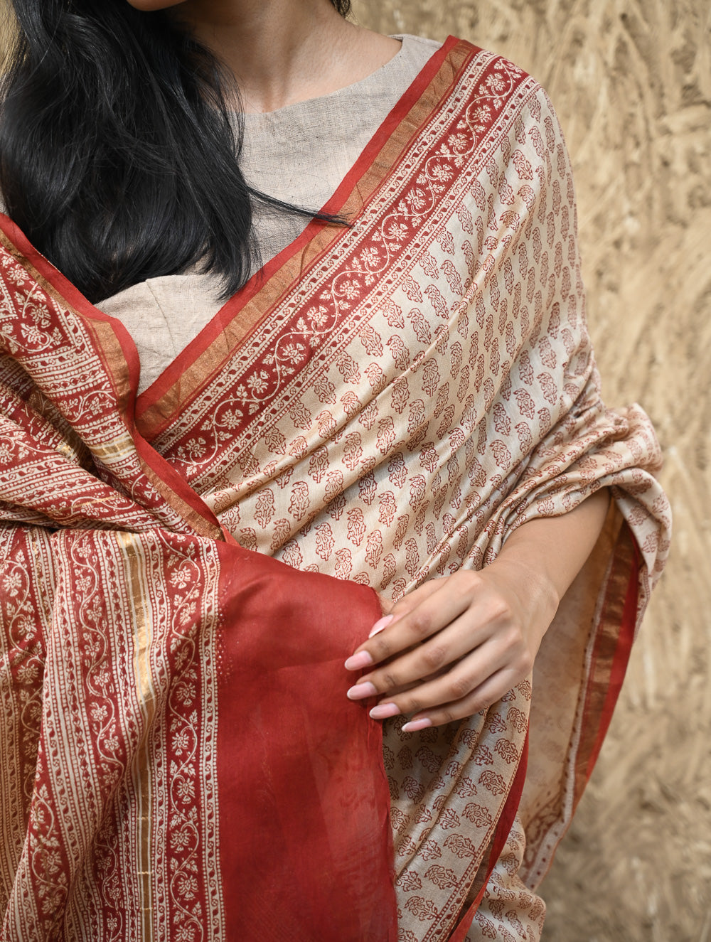 Bagru Statements : Hand Block Printed Chanderi Saree - Chand Phool Buti