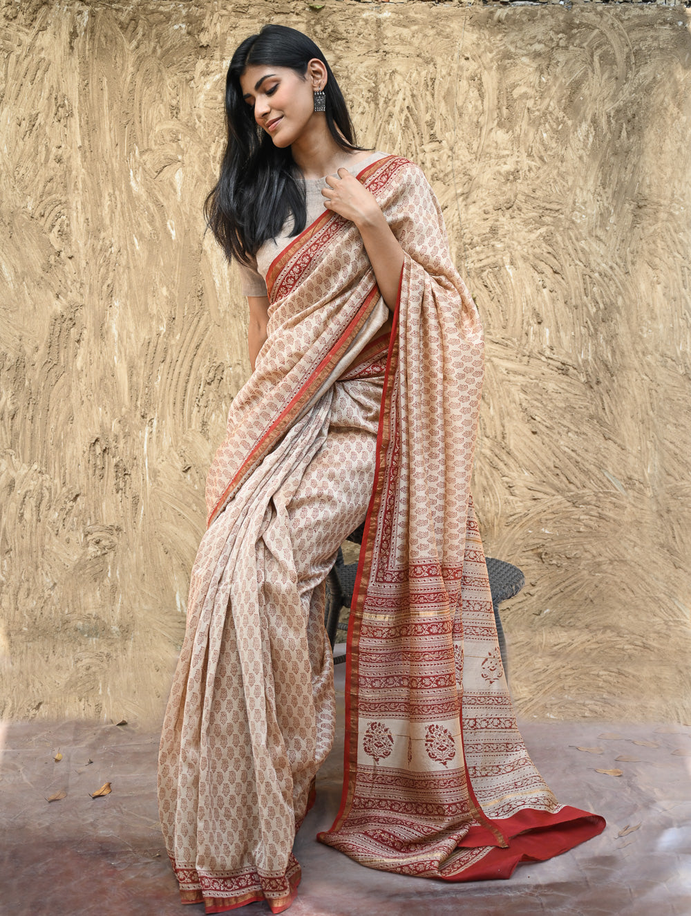 Bagru Statements : Hand Block Printed Chanderi Saree - Chand Phool Buti