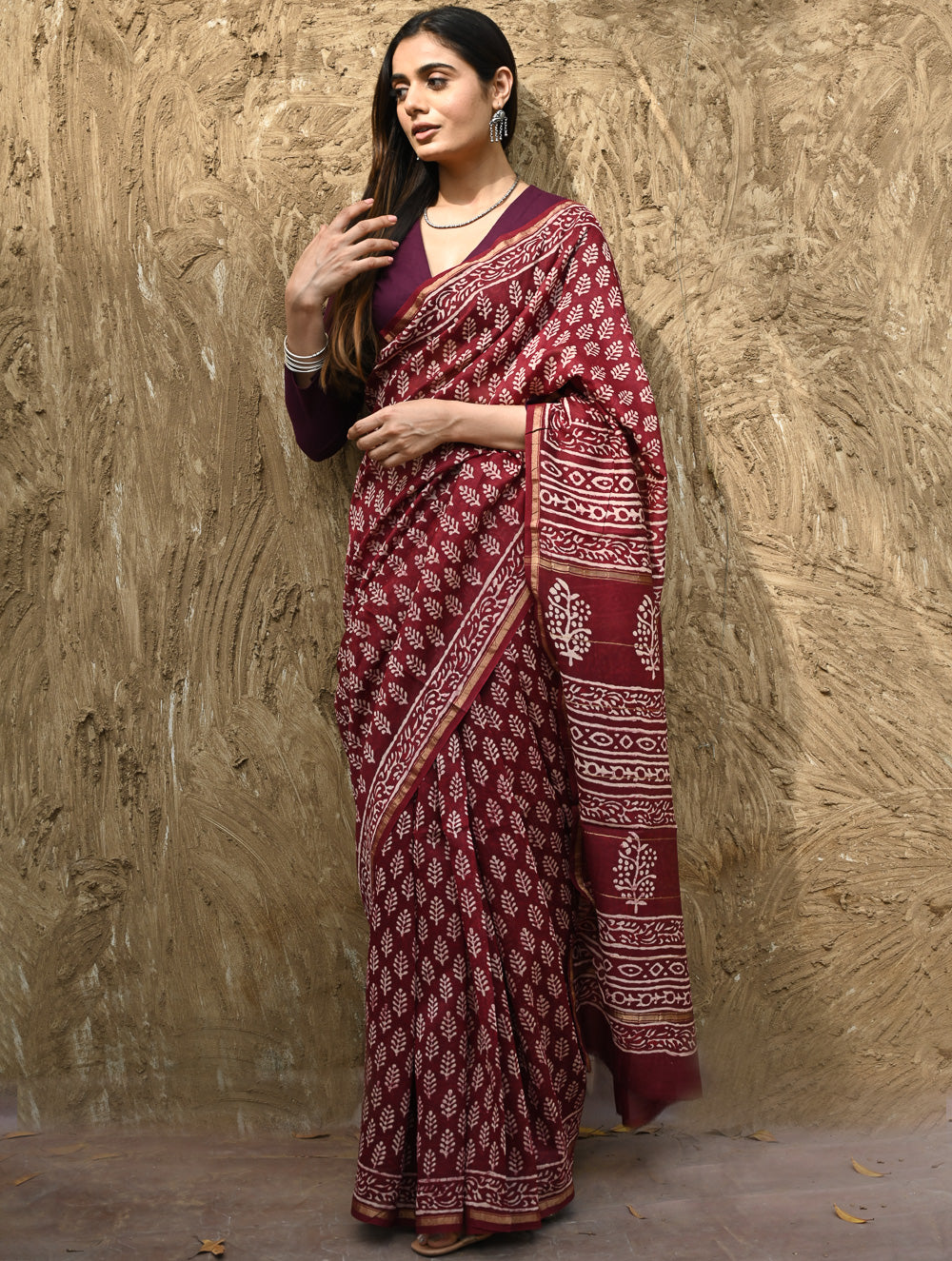 Bagru Statements : Hand Block Printed Chanderi Saree - Maruva Patra
