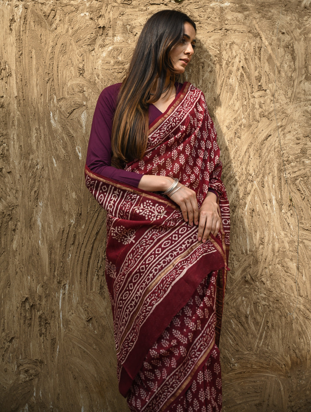 Bagru Statements : Hand Block Printed Chanderi Saree - Maruva Patra
