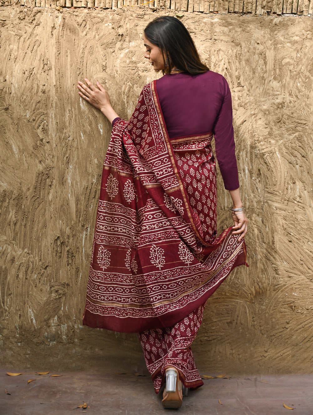 Bagru Statements : Hand Block Printed Chanderi Saree - Maruva Patra