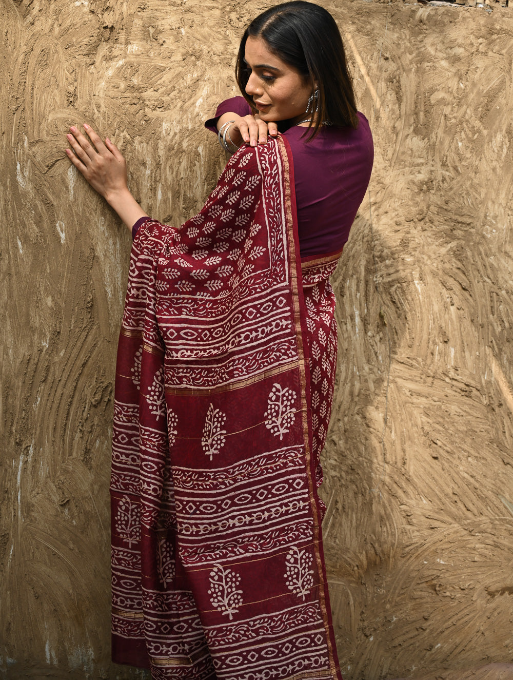 Bagru Statements : Hand Block Printed Chanderi Saree - Maruva Patra