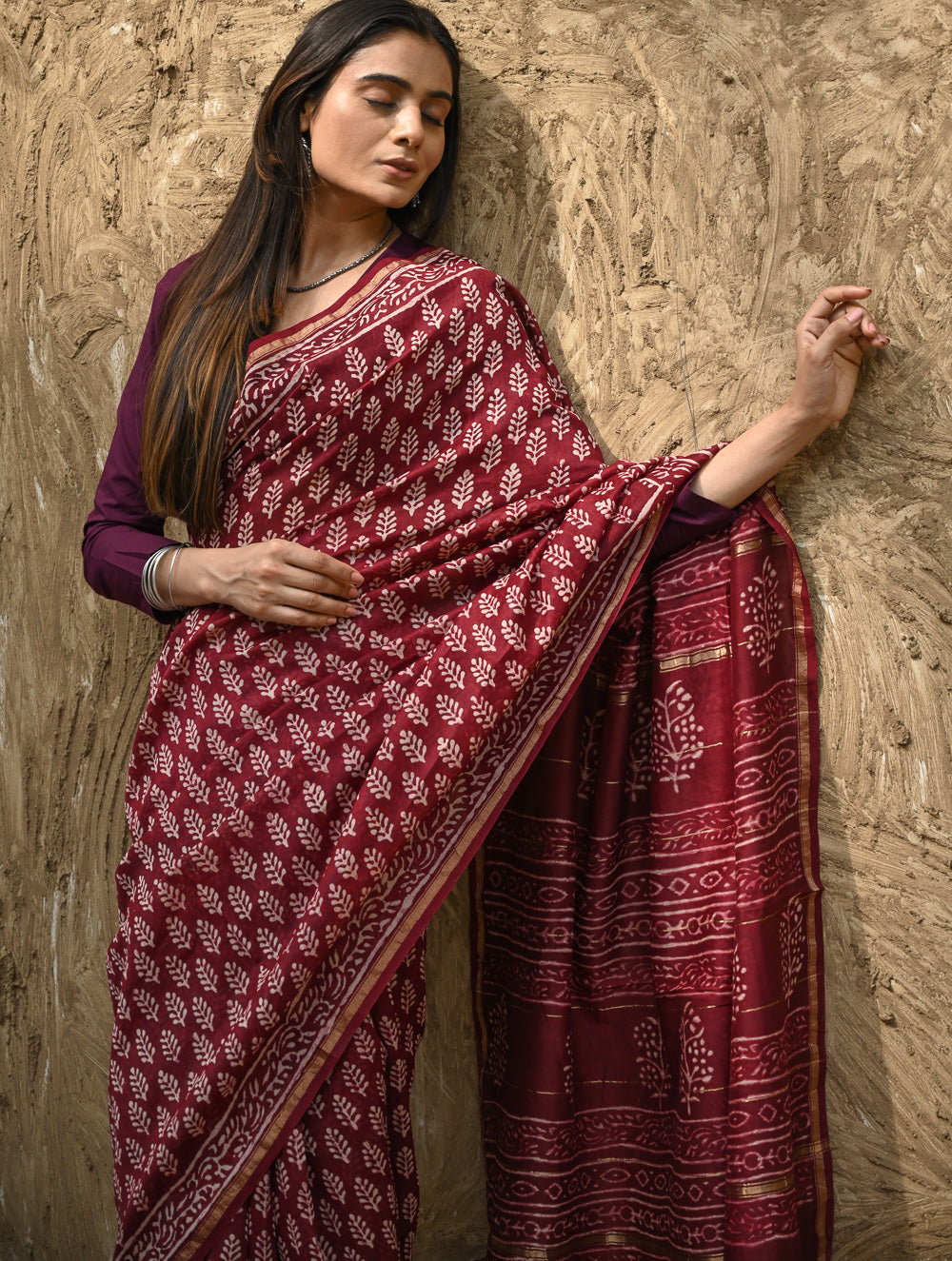 Bagru Statements : Hand Block Printed Chanderi Saree - Maruva Patra