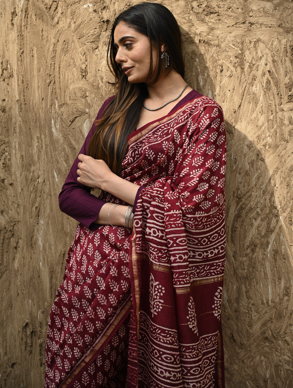 Bagru Statements : Hand Block Printed Chanderi Saree - Maruva Patra