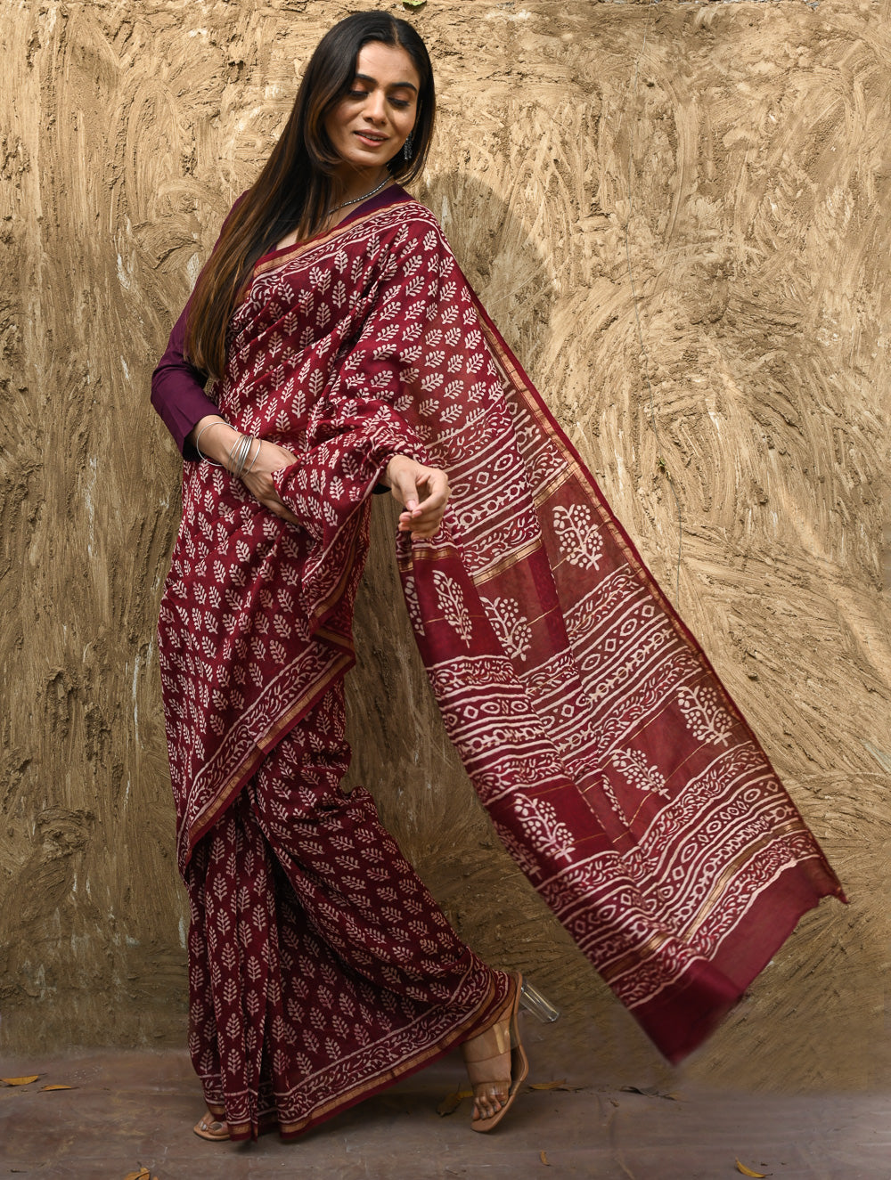 Bagru Statements : Hand Block Printed Chanderi Saree - Maruva Patra