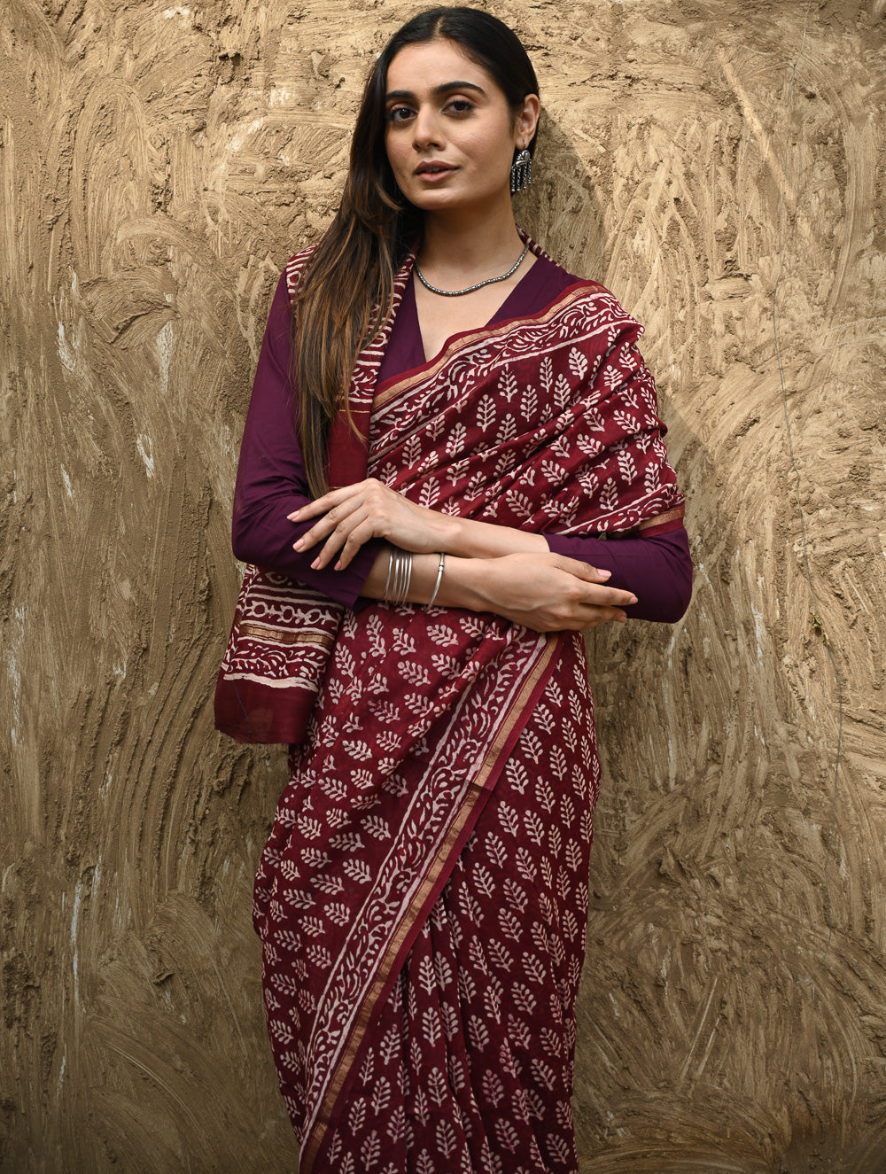 Bagru Statements : Hand Block Printed Chanderi Saree - Maruva Patra