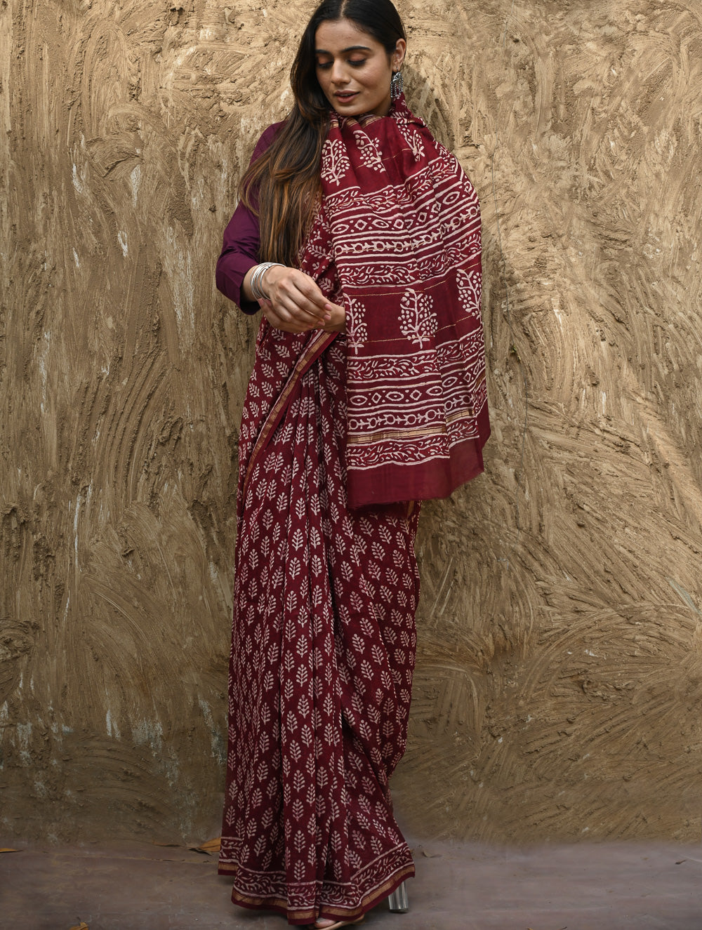 Bagru Statements : Hand Block Printed Chanderi Saree - Maruva Patra