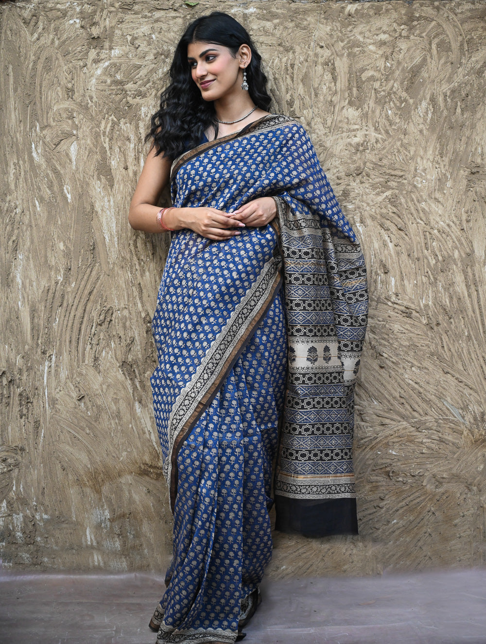 Bagru Statements : Hand Block Printed Chanderi Saree - Neel Tarang