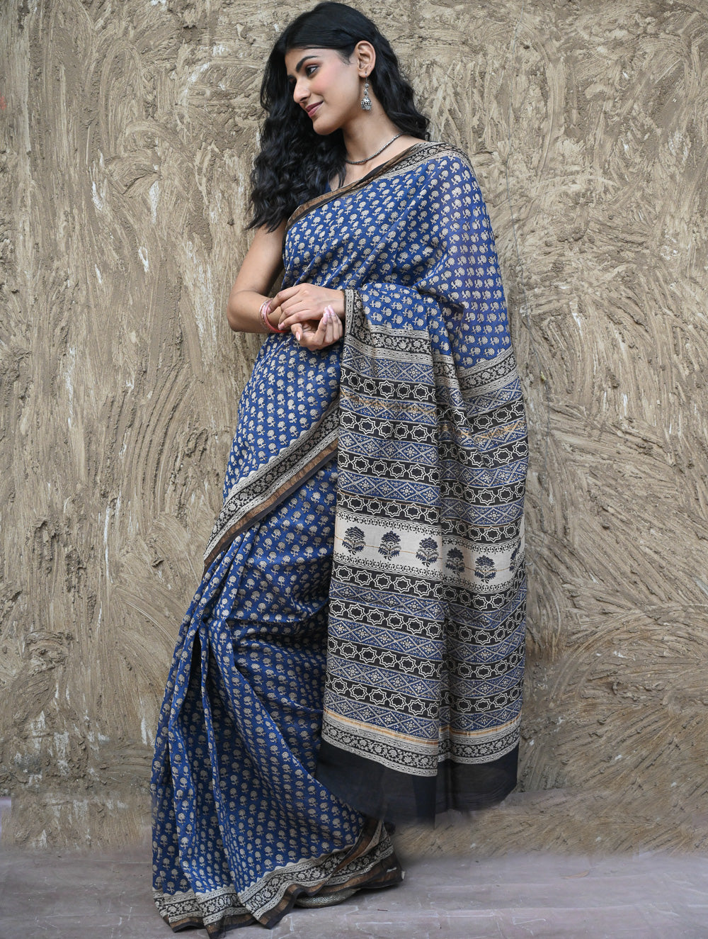 Bagru Statements : Hand Block Printed Chanderi Saree - Neel Tarang