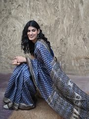 Bagru Statements : Hand Block Printed Chanderi Saree - Neel Tarang