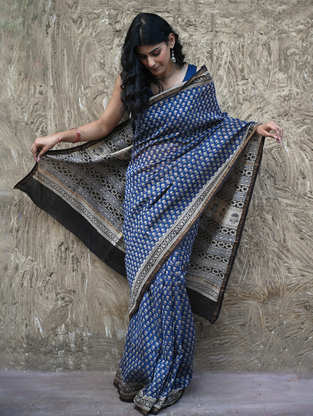 Bagru Statements : Hand Block Printed Chanderi Saree - Neel Tarang