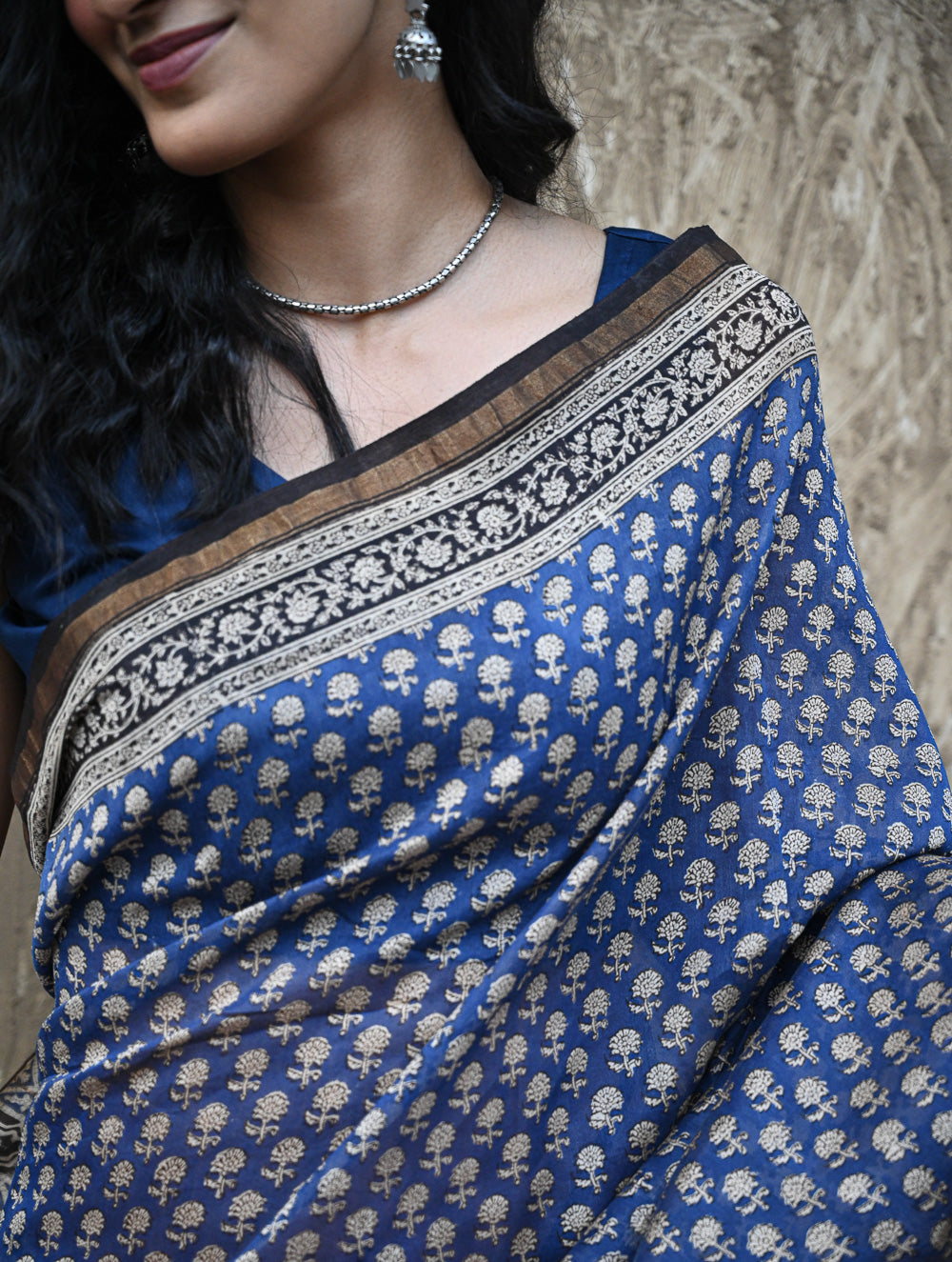 Bagru Statements : Hand Block Printed Chanderi Saree - Neel Tarang