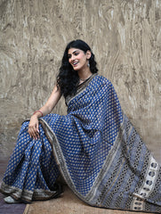 Bagru Statements : Hand Block Printed Chanderi Saree - Neel Tarang