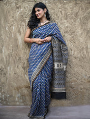 Bagru Statements : Hand Block Printed Chanderi Saree - Neel Tarang