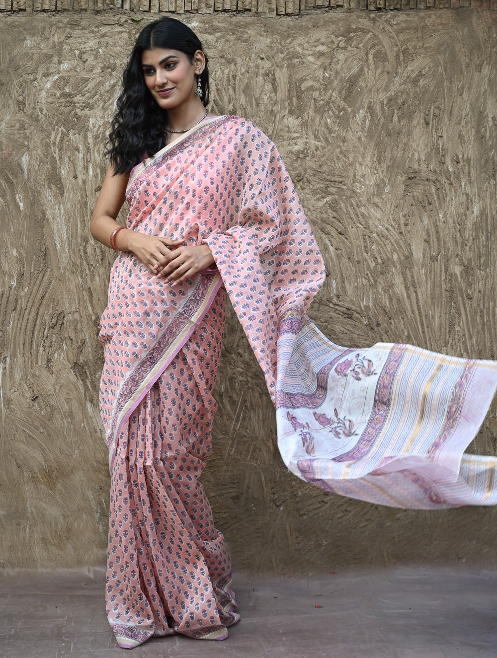 Sanganer Summers : Hand Block Printed Chanderi Saree - Pink Pushpa