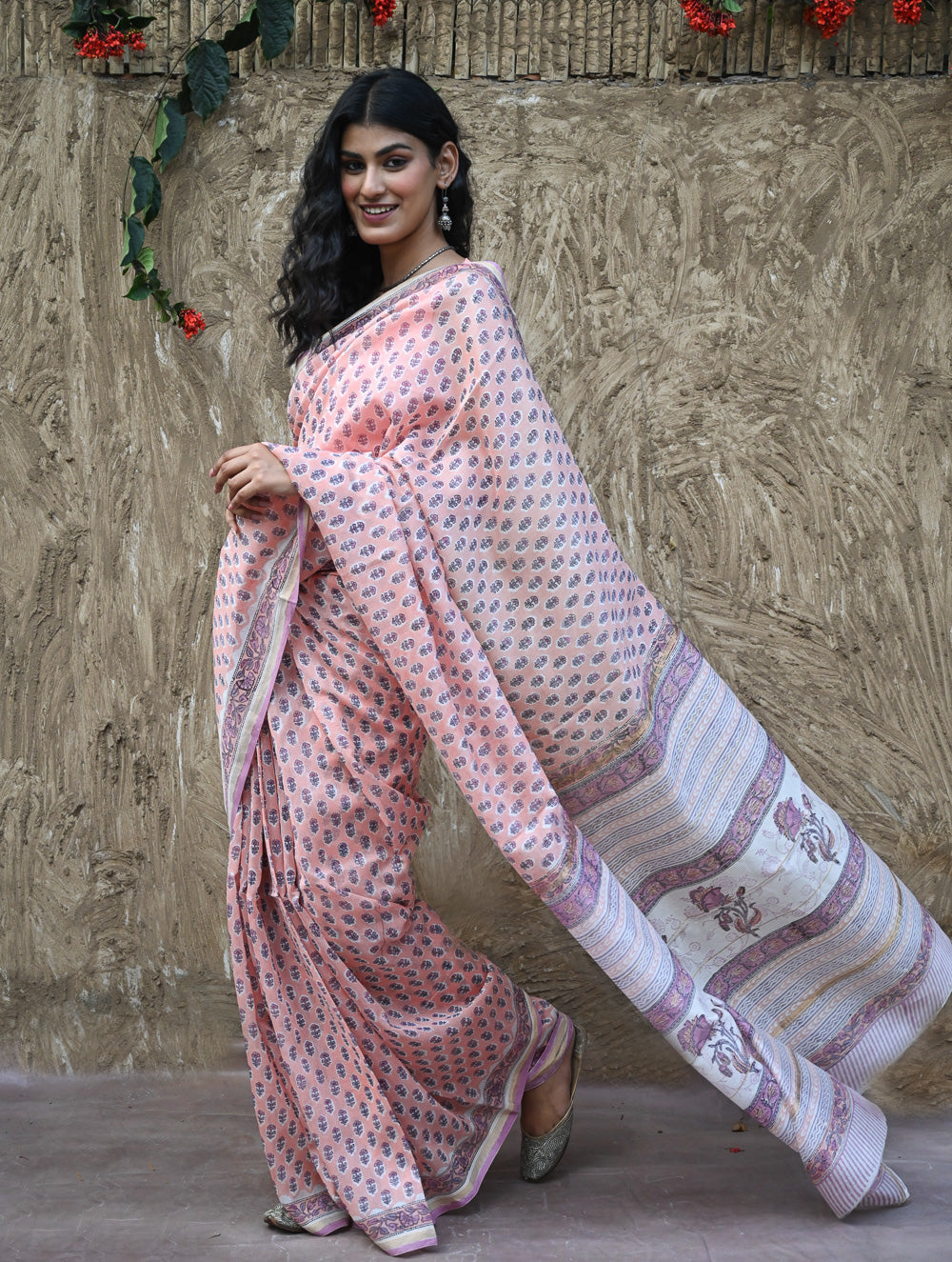 Sanganer Summers : Hand Block Printed Chanderi Saree - Pink Pushpa