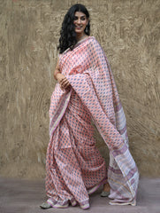 Sanganer Summers : Hand Block Printed Chanderi Saree - Pink Pushpa
