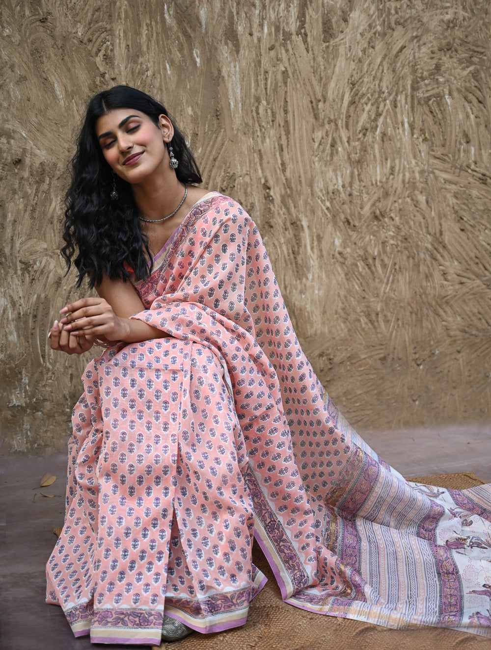 Sanganer Summers : Hand Block Printed Chanderi Saree - Pink Pushpa