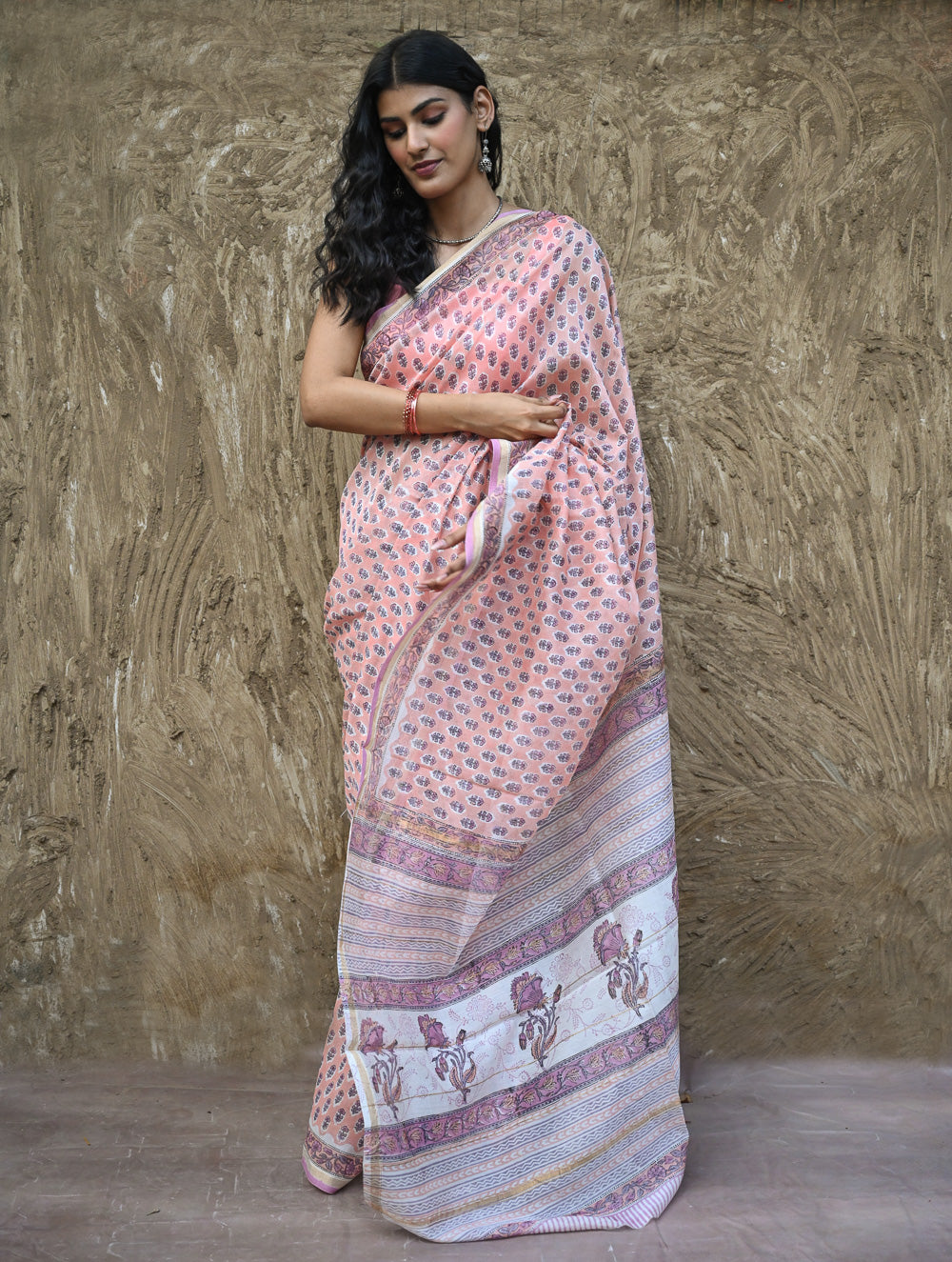 Sanganer Summers : Hand Block Printed Chanderi Saree - Pink Pushpa
