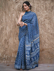 Dabu Vibes : Hand Block Printed Chanderi Saree - Neel Buti