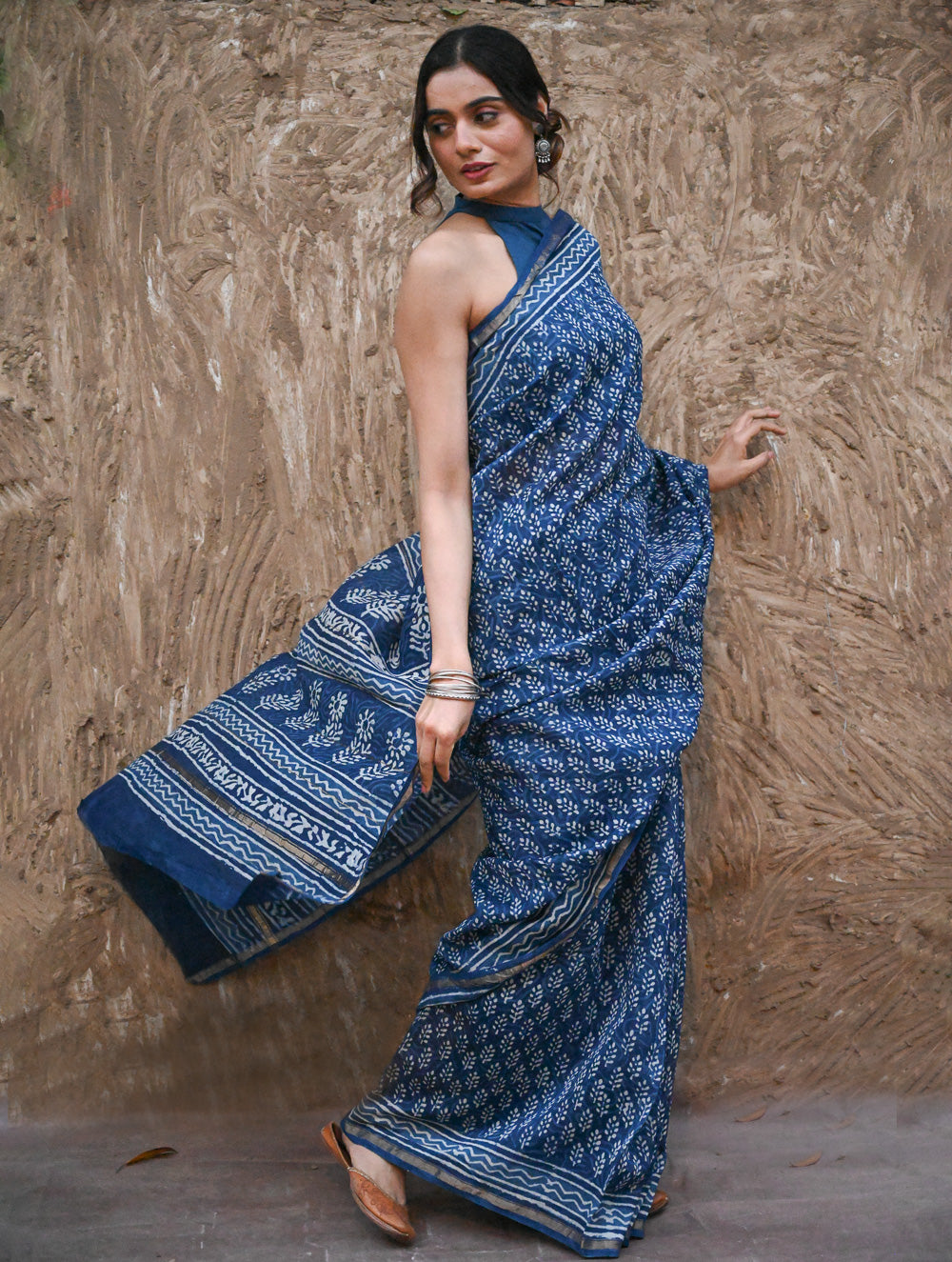 Dabu Vibes : Hand Block Printed Chanderi Saree - Neel Buti