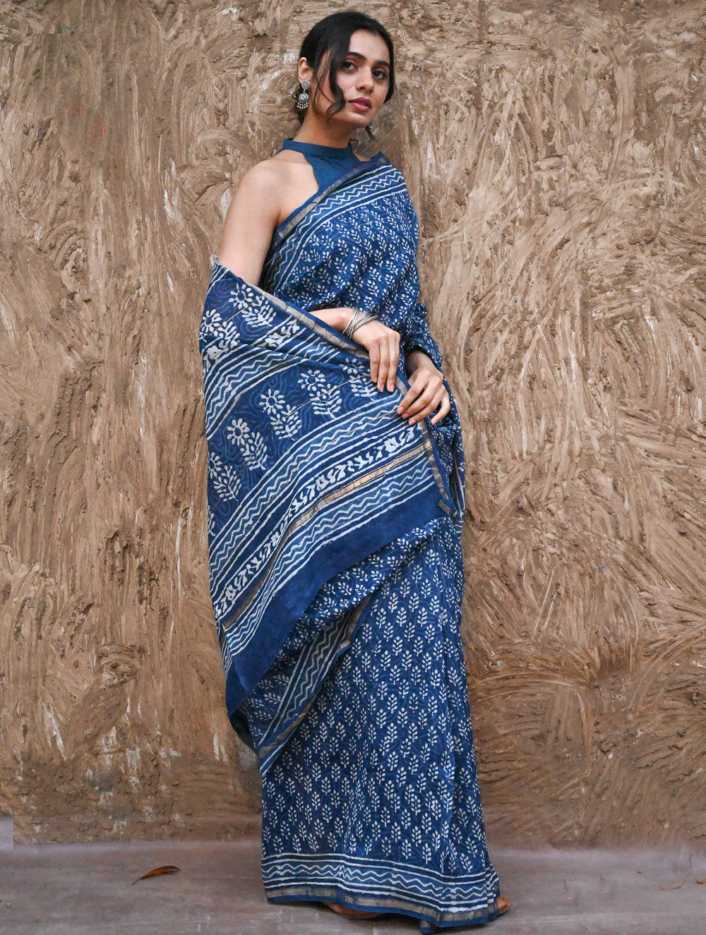 Dabu Vibes : Hand Block Printed Chanderi Saree - Neel Buti