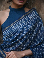 Dabu Vibes : Hand Block Printed Chanderi Saree - Neel Buti