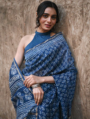 Dabu Vibes : Hand Block Printed Chanderi Saree - Neel Buti