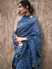 Dabu Vibes : Hand Block Printed Chanderi Saree - Neel Buti