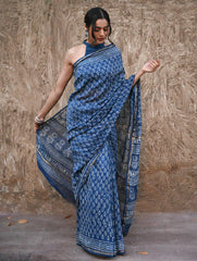 Dabu Vibes : Hand Block Printed Chanderi Saree - Neel Buti