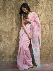 Sanganer Summers : Hand Block Printed Chanderi Saree - Gulabi Belvat