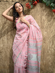 Sanganer Summers : Hand Block Printed Chanderi Saree - Gulabi Belvat