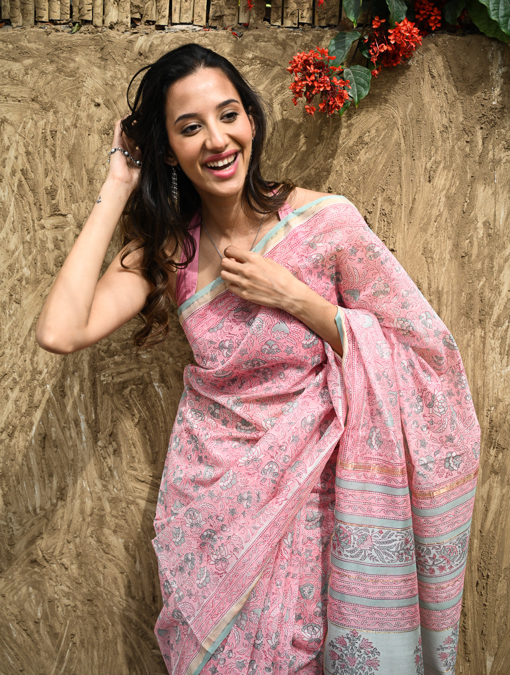 Sanganer Summers : Hand Block Printed Chanderi Saree - Gulabi Belvat