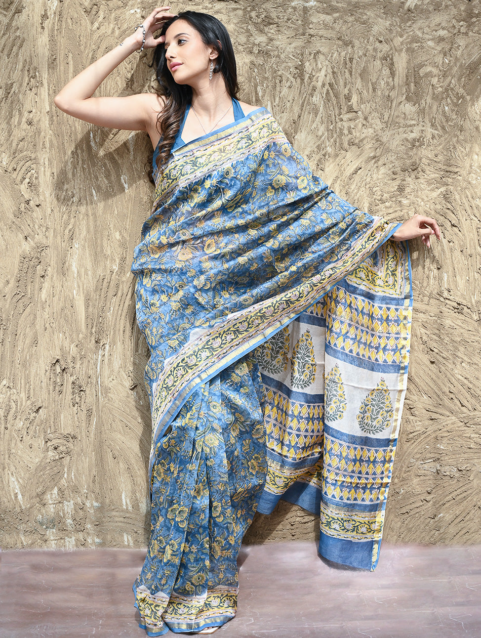 Sanganer Summers : Hand Block Printed Chanderi Saree - Blue Garden