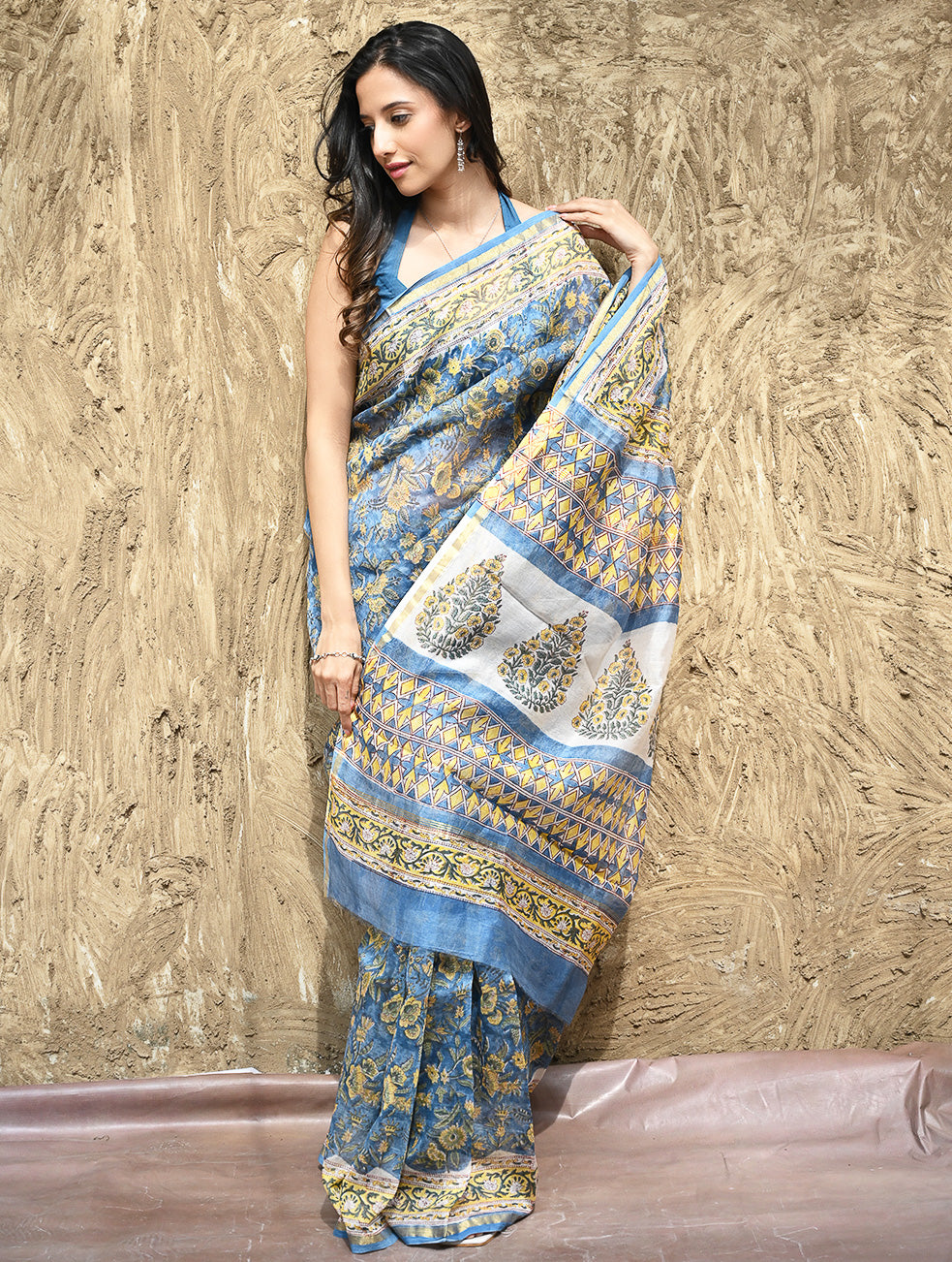 Sanganer Summers : Hand Block Printed Chanderi Saree - Blue Garden