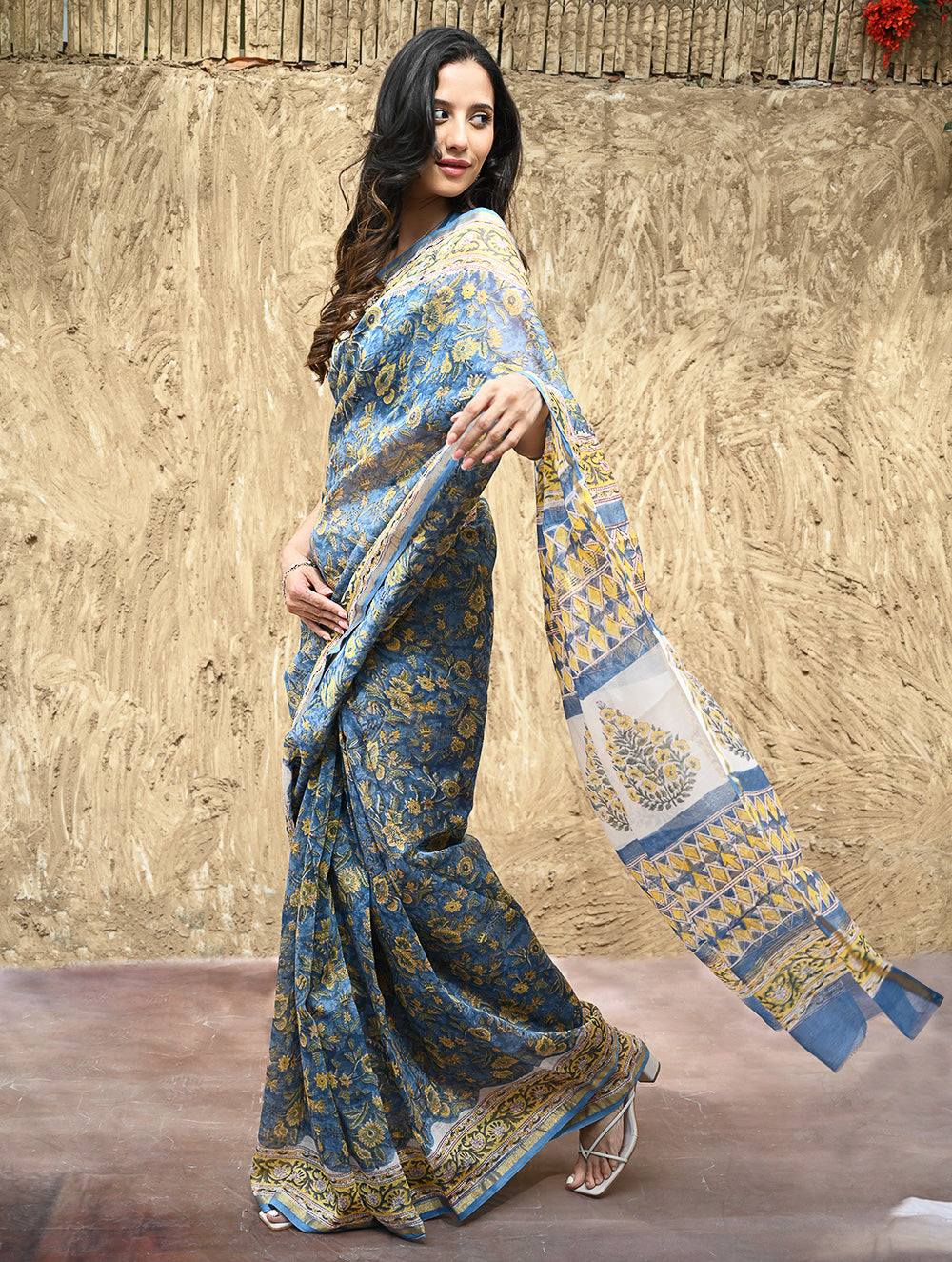 Sanganer Summers : Hand Block Printed Chanderi Saree - Blue Garden