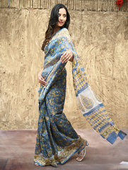 Sanganer Summers : Hand Block Printed Chanderi Saree - Blue Garden