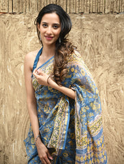 Sanganer Summers : Hand Block Printed Chanderi Saree - Blue Garden