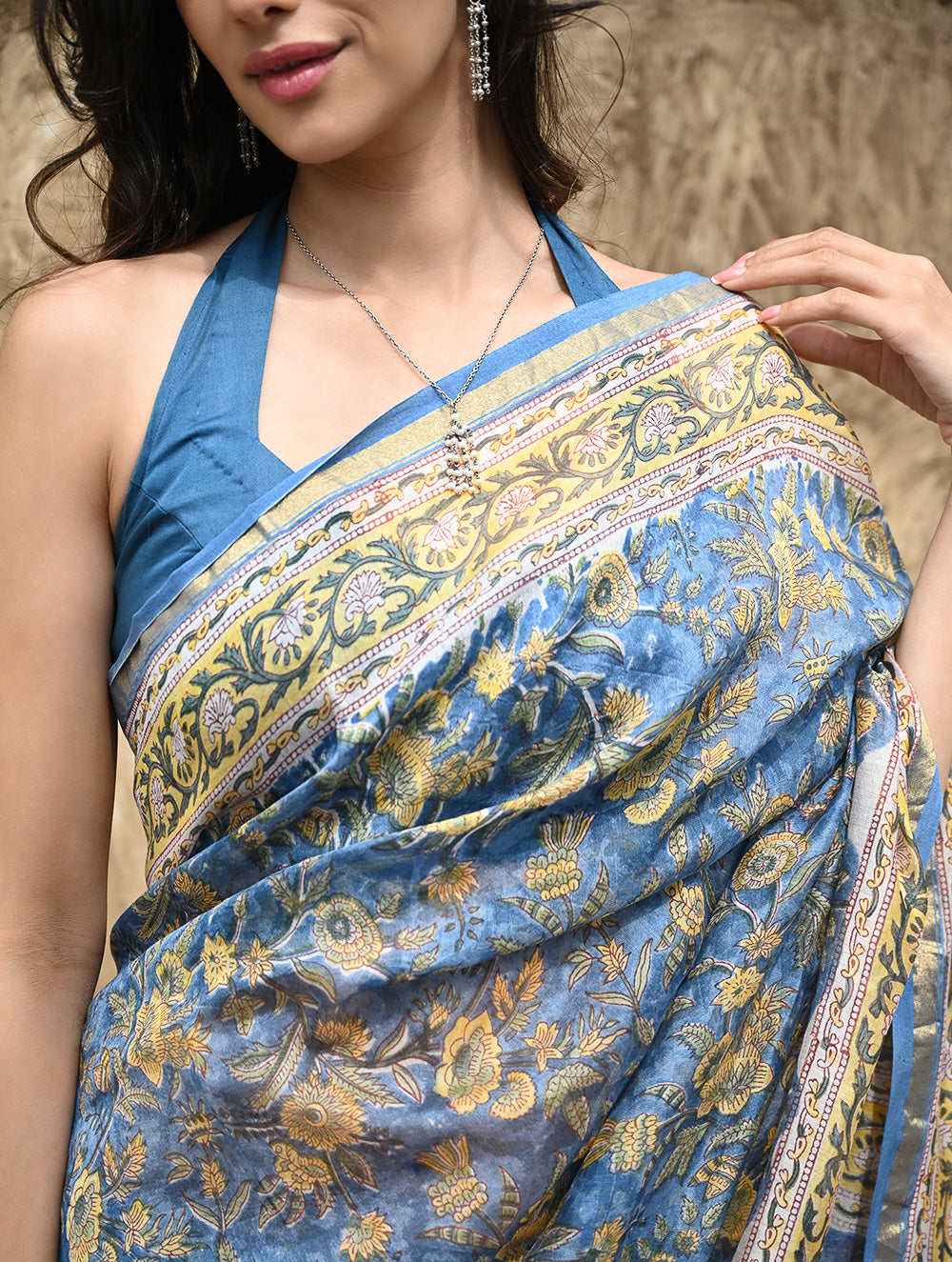 Sanganer Summers : Hand Block Printed Chanderi Saree - Blue Garden