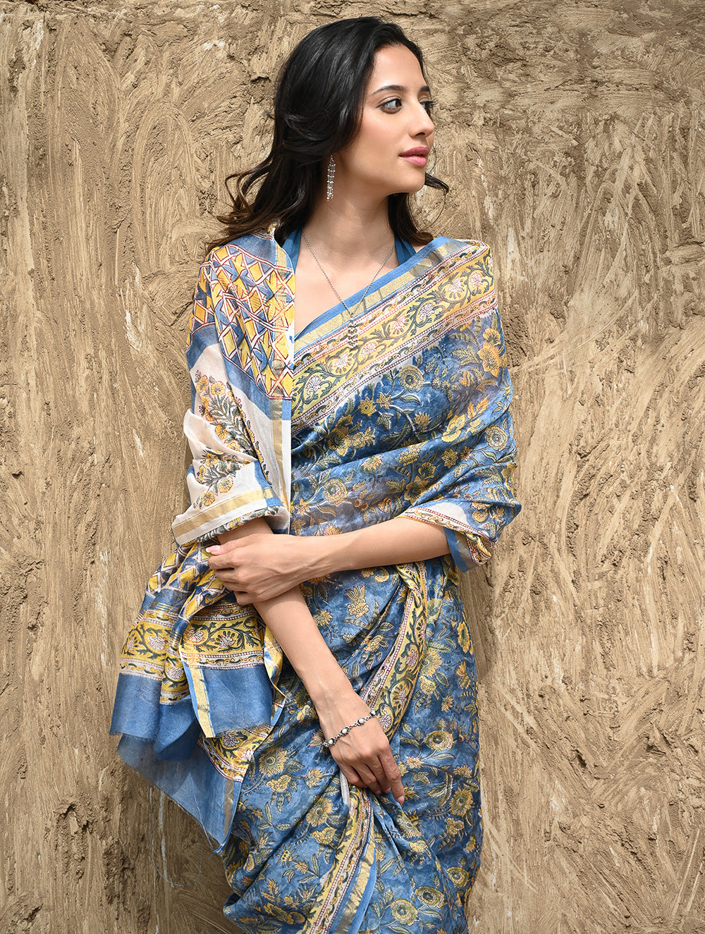 Sanganer Summers : Hand Block Printed Chanderi Saree - Blue Garden