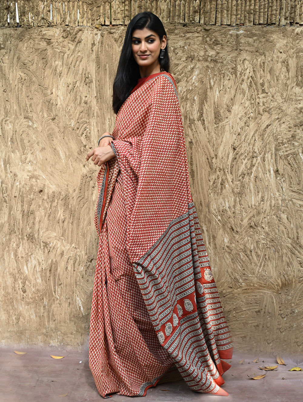 Bagru Statements : Hand Block Printed Cotton Saree - Gerua Rekh