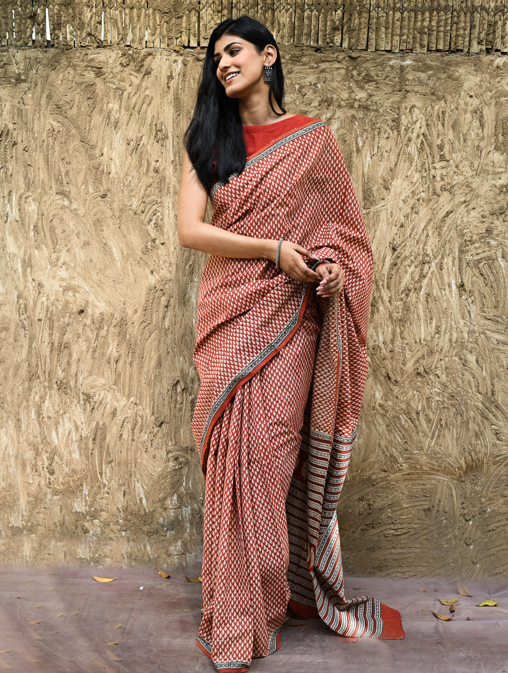 Bagru Statements : Hand Block Printed Cotton Saree - Gerua Rekh