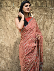 Bagru Statements : Hand Block Printed Cotton Saree - Gerua Rekh