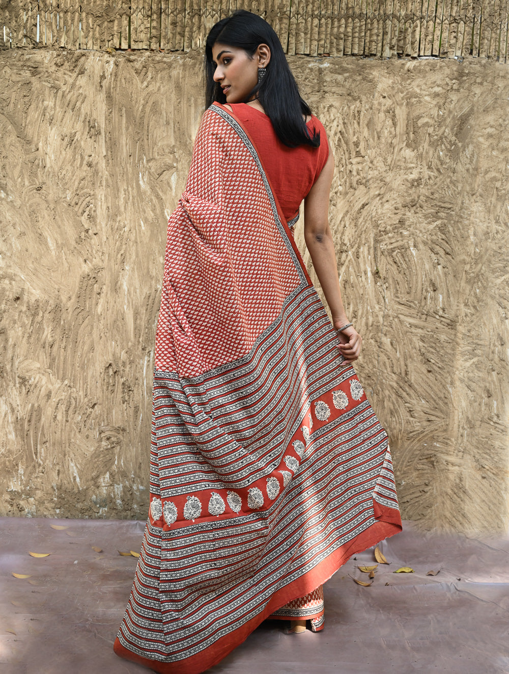 Bagru Statements : Hand Block Printed Cotton Saree - Gerua Rekh