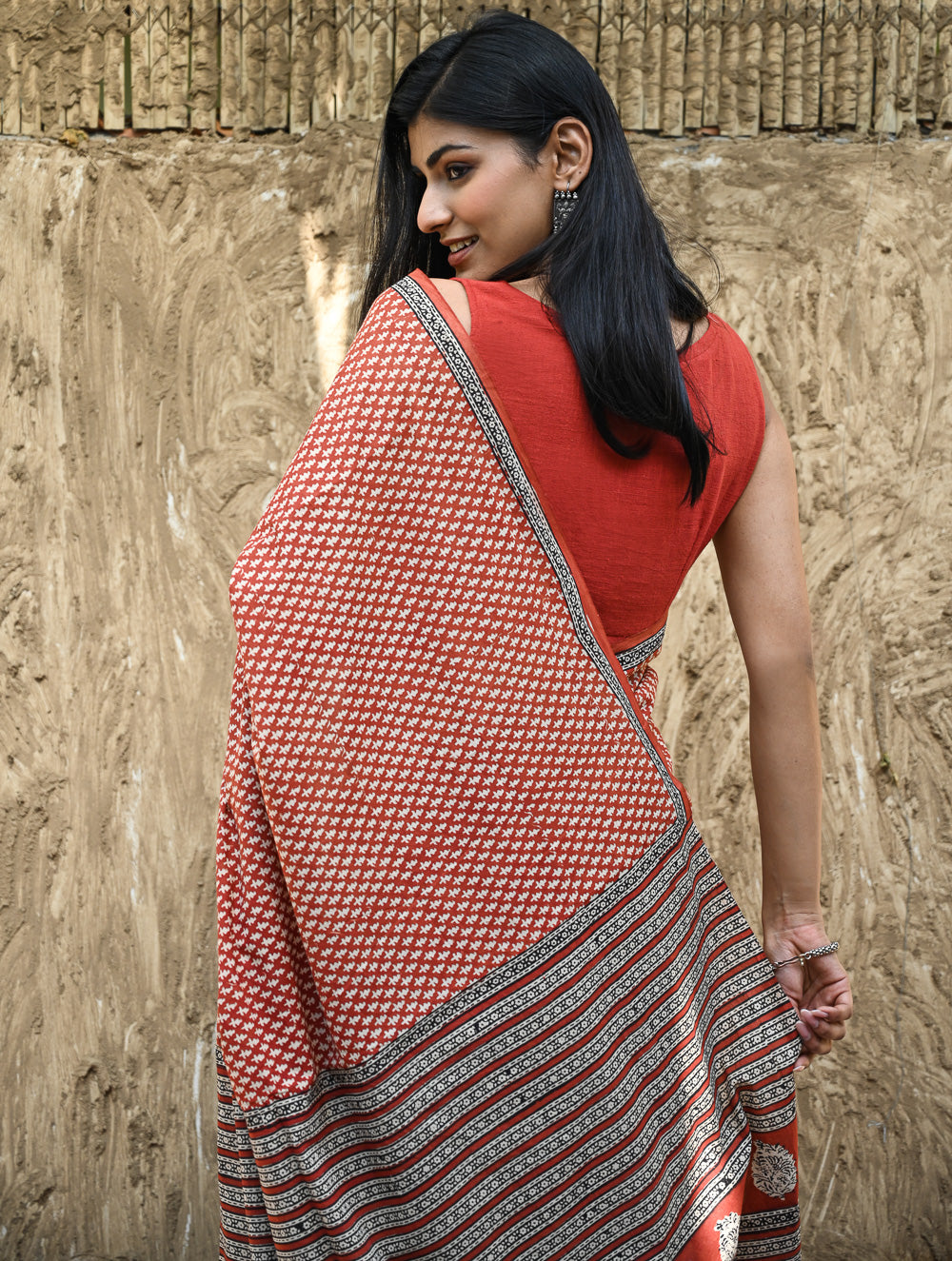 Bagru Statements : Hand Block Printed Cotton Saree - Gerua Rekh