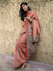 Bagru Statements : Hand Block Printed Cotton Saree - Gerua Rekh