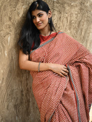 Bagru Statements : Hand Block Printed Cotton Saree - Gerua Rekh