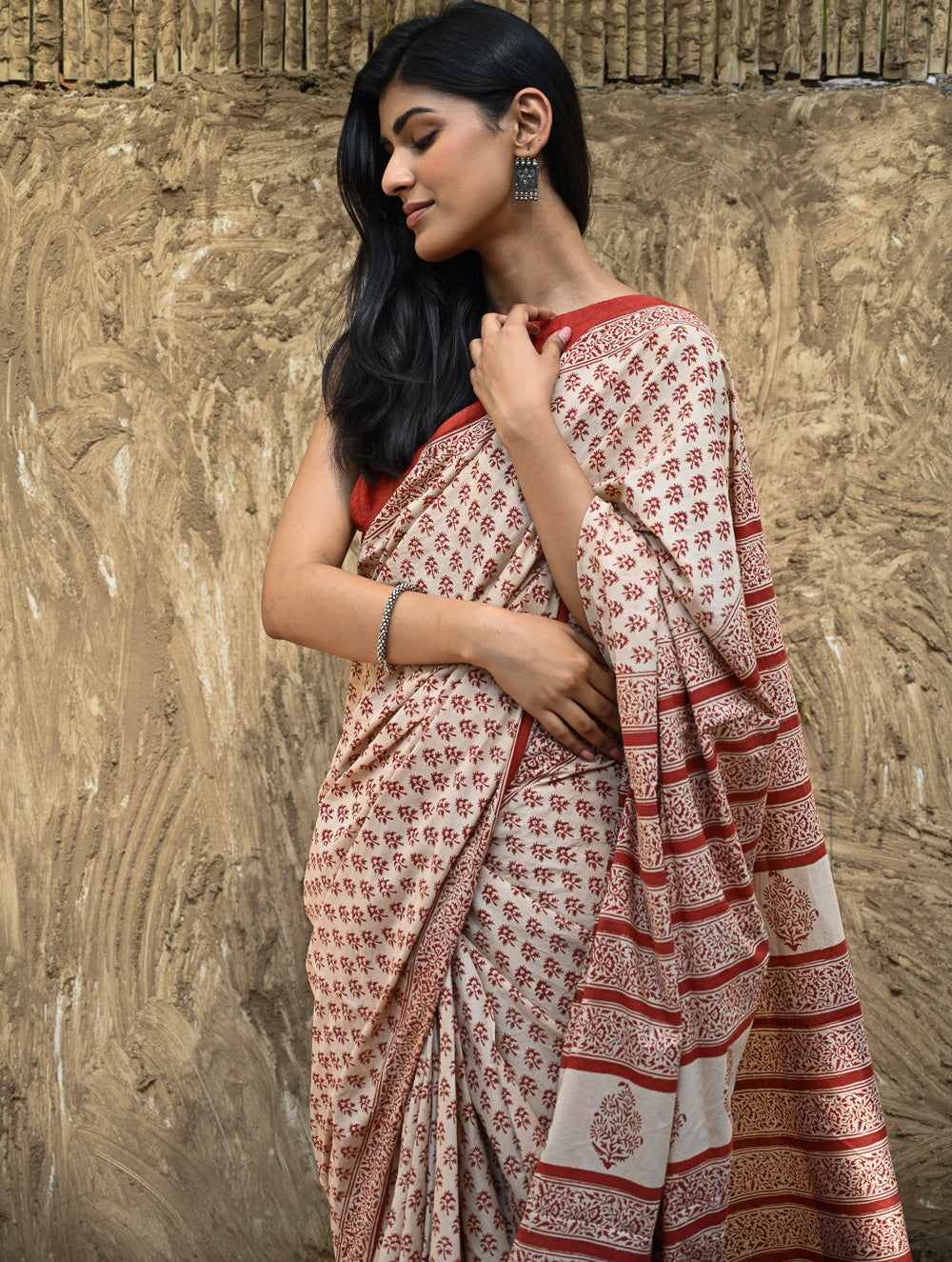Bagru Statements : Hand Block Printed Cotton Saree - Dhara Phool