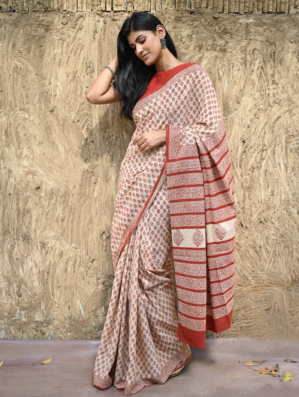 Bagru Statements : Hand Block Printed Cotton Saree - Dhara Phool